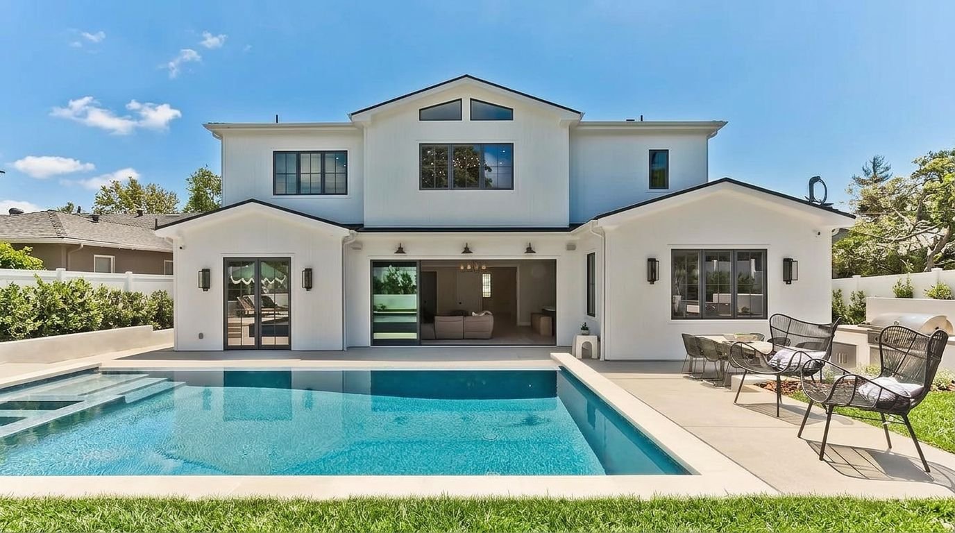 Rear elevation of a white painted home overlooking a swimming pool