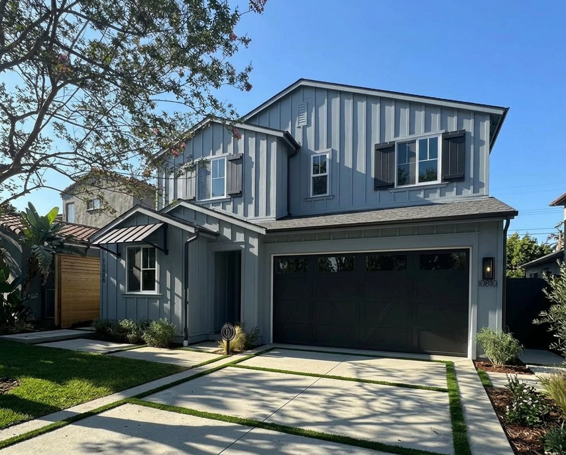 Two story farmhouse painted slate blue with white windows and a black garage door